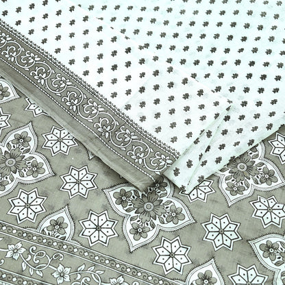 Indian Vintage White & Gray Printed Pure Cotton Saree | 5 Yards | Fabric for Sewing, Crafting, Quilting, Upcycling, Dressmaking, Boho