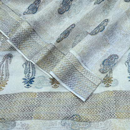 Indian Vintage White Printed Pure Cotton Saree | 5 Yards | Fabric for Sewing, Crafting, Quilting, Upcycling, Dressmaking, Boho