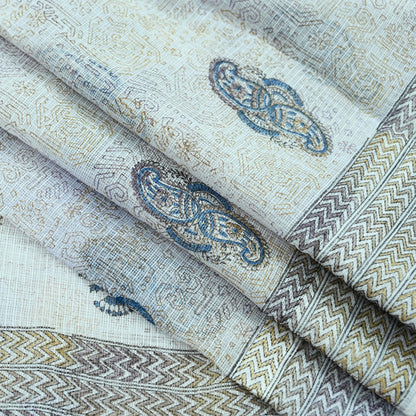 Indian Vintage White Printed Pure Cotton Saree | 5 Yards | Fabric for Sewing, Crafting, Quilting, Upcycling, Dressmaking, Boho