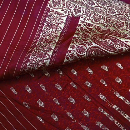 Vintage Banarasi Saree Pure Satin Silk Woven Brocade Zari Fabric Maroon Heavy Craft Sari 5 Yards Indian Antique Textile Dress Making