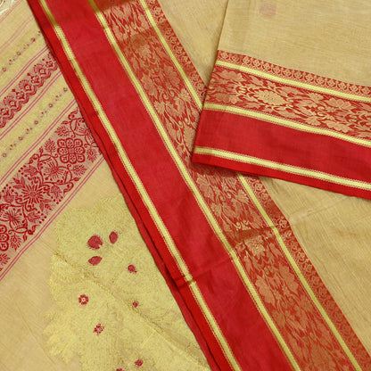 Vintage Sari Beige Pure Cotton Hand Woven Sarees Craft Fabric Zari 5Yd Sewing Soft Crafting Dress making Upcycle Quilting Zigzag