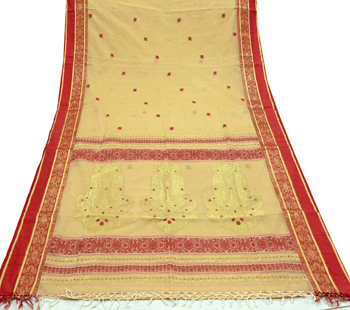 Vintage Sari Beige Pure Cotton Hand Woven Sarees Craft Fabric Zari 5Yd Sewing Soft Crafting Dress making Upcycle Quilting Zigzag