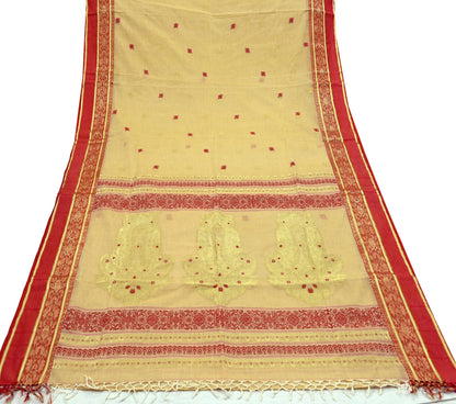 Vintage Sari Beige Pure Cotton Hand Woven Sarees Craft Fabric Zari 5Yd Sewing Soft Crafting Dress making Upcycle Quilting Zigzag