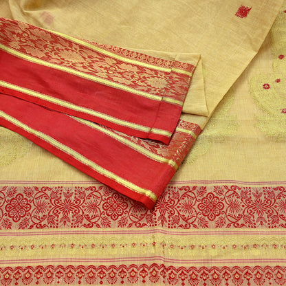 Vintage Sari Beige Pure Cotton Hand Woven Sarees Craft Fabric Zari 5Yd Sewing Soft Crafting Dress making Upcycle Quilting Zigzag