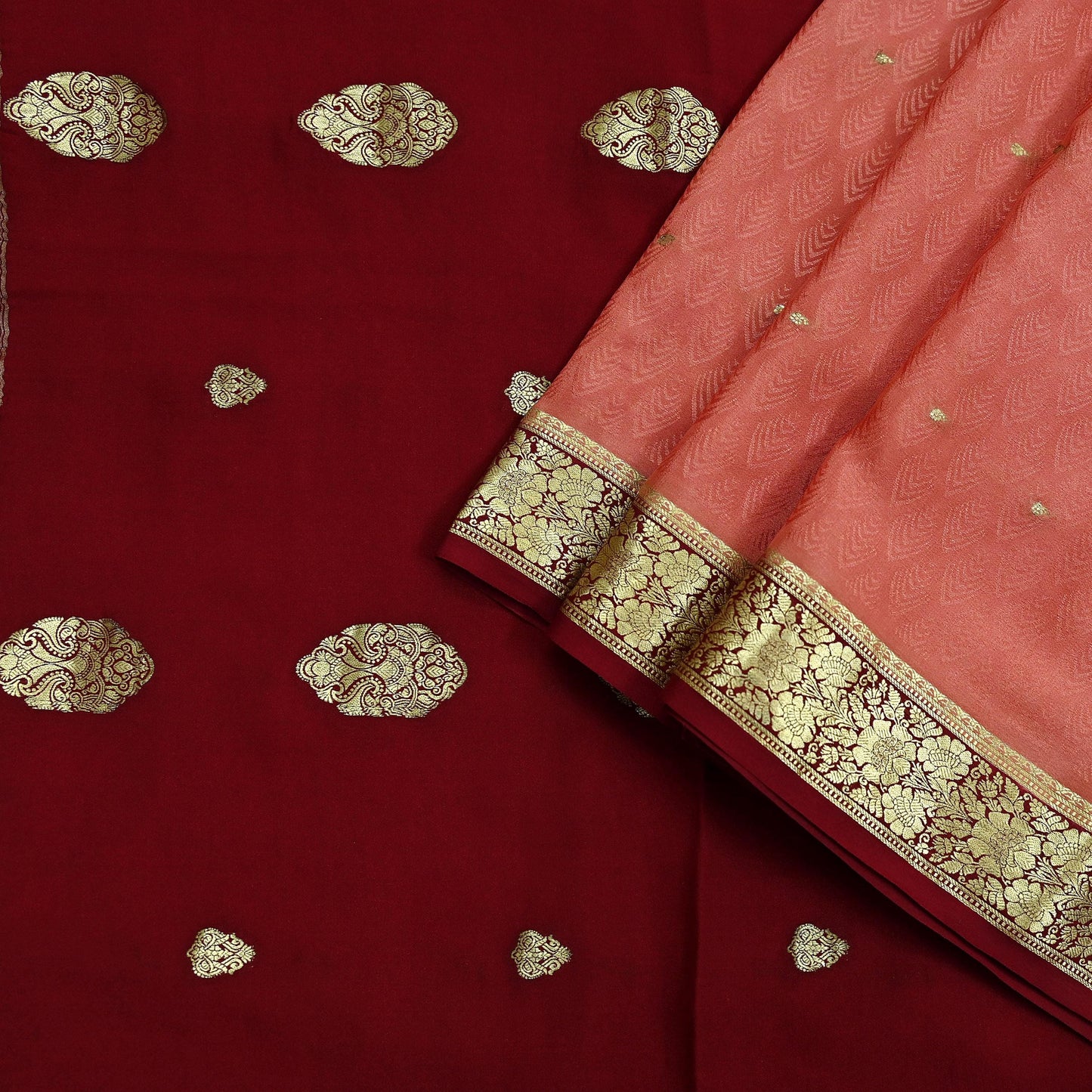 Indian Vintage Sari  Maroon & Peach Mysore Silk Woven Saree with Zari Border | 5 Yards | Soft Craft Fabric | Upcycle, Quilting, Dressmaking