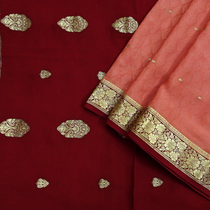 Indian Vintage Sari  Maroon & Peach Mysore Silk Woven Saree with Zari Border | 5 Yards | Soft Craft Fabric | Upcycle, Quilting, Dressmaking