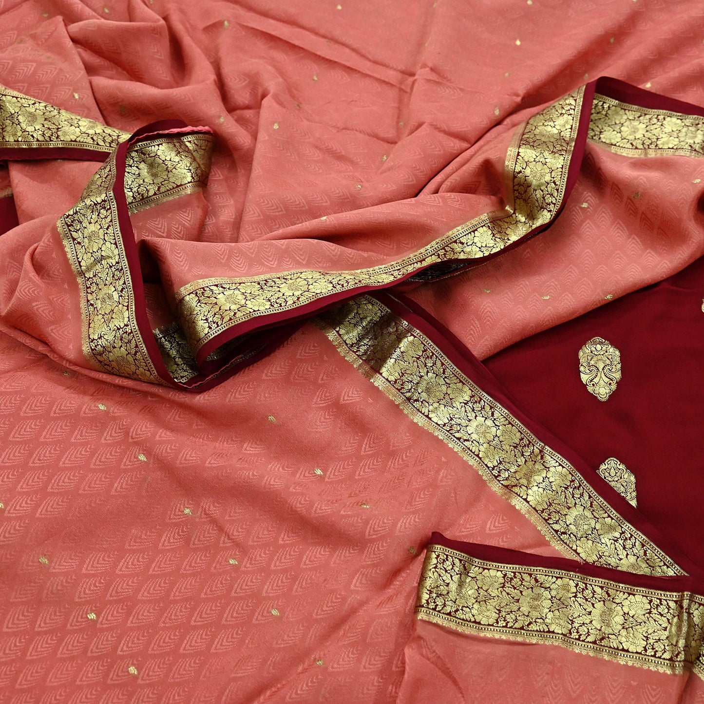 Indian Vintage Sari  Maroon & Peach Mysore Silk Woven Saree with Zari Border | 5 Yards | Soft Craft Fabric | Upcycle, Quilting, Dressmaking