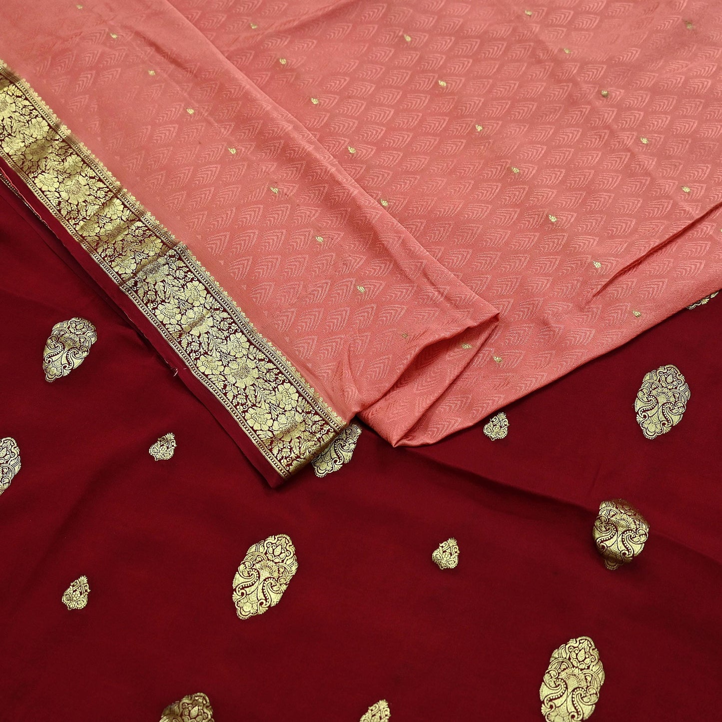 Indian Vintage Sari  Maroon & Peach Mysore Silk Woven Saree with Zari Border | 5 Yards | Soft Craft Fabric | Upcycle, Quilting, Dressmaking