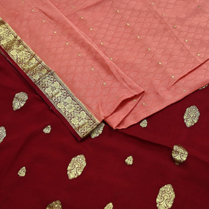 Indian Vintage Sari  Maroon & Peach Mysore Silk Woven Saree with Zari Border | 5 Yards | Soft Craft Fabric | Upcycle, Quilting, Dressmaking