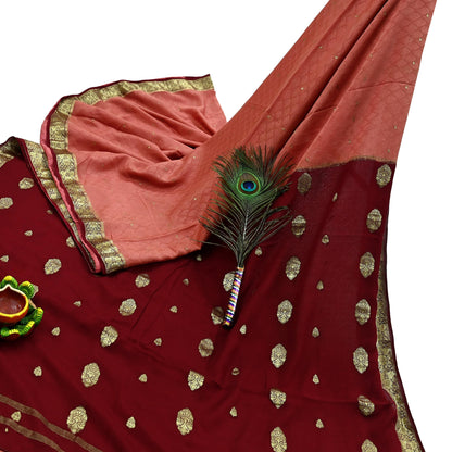 Indian Vintage Sari  Maroon & Peach Mysore Silk Woven Saree with Zari Border | 5 Yards | Soft Craft Fabric | Upcycle, Quilting, Dressmaking