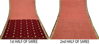 Indian Vintage Sari  Maroon & Peach Mysore Silk Woven Saree with Zari Border | 5 Yards | Soft Craft Fabric | Upcycle, Quilting, Dressmaking