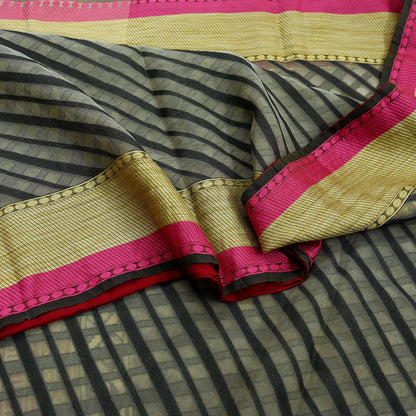 Indian Vintage Sari Gray & Black Hand Woven 100% Pure Organza Silk Saree Craft Fabric 5Yd Dress Making Crafting Quilting Upcycle