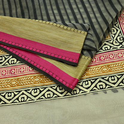 Indian Vintage Sari Gray & Black Hand Woven 100% Pure Organza Silk Saree Craft Fabric 5Yd Dress Making Crafting Quilting Upcycle