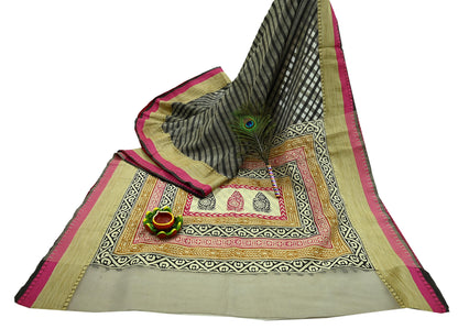 Indian Vintage Sari Gray & Black Hand Woven 100% Pure Organza Silk Saree Craft Fabric 5Yd Dress Making Crafting Quilting Upcycle