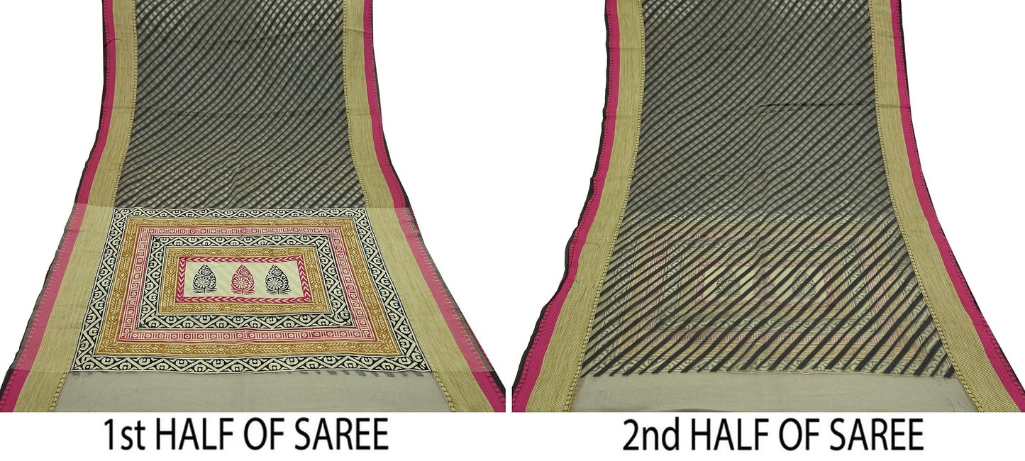 Indian Vintage Sari Gray & Black Hand Woven 100% Pure Organza Silk Saree Craft Fabric 5Yd Dress Making Crafting Quilting Upcycle