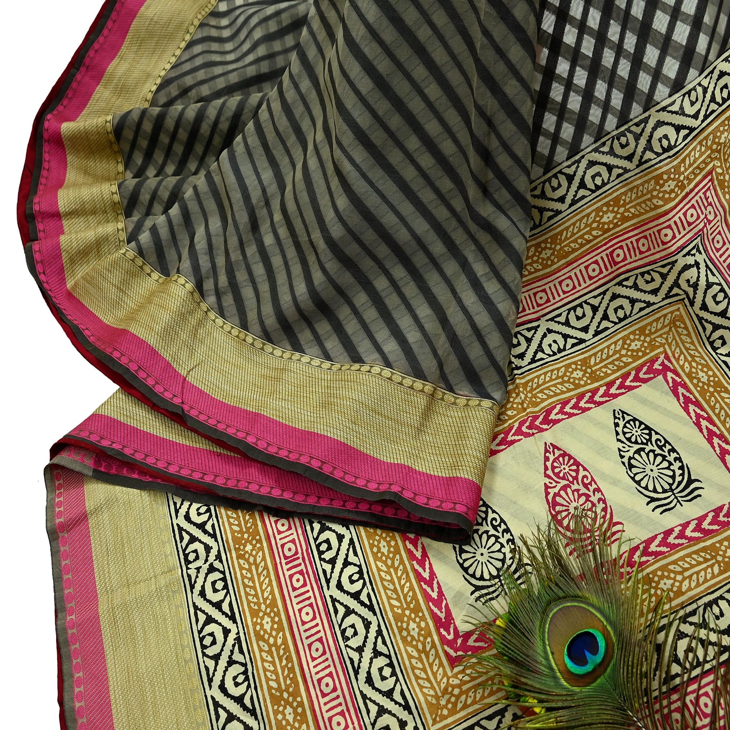 Indian Vintage Sari Gray & Black Hand Woven 100% Pure Organza Silk Saree Craft Fabric 5Yd Dress Making Crafting Quilting Upcycle