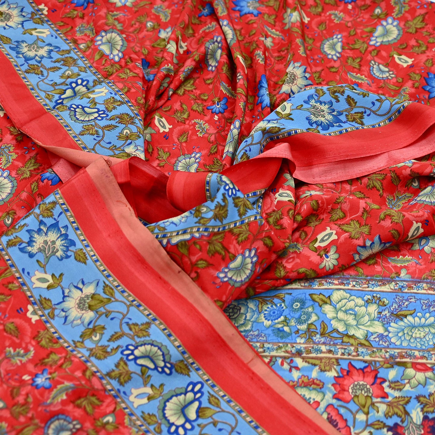 Indian Vintage Saree Peach & Blue Moss Crepe Printed Sari | 5 Yards | Floral Soft Fabric for Sewing, Dressmaking, Crafting, Quilting