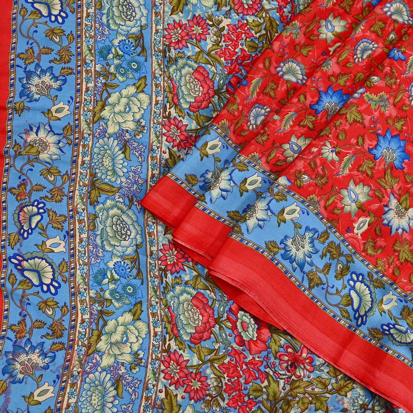 Indian Vintage Saree Peach & Blue Moss Crepe Printed Sari | 5 Yards | Floral Soft Fabric for Sewing, Dressmaking, Crafting, Quilting