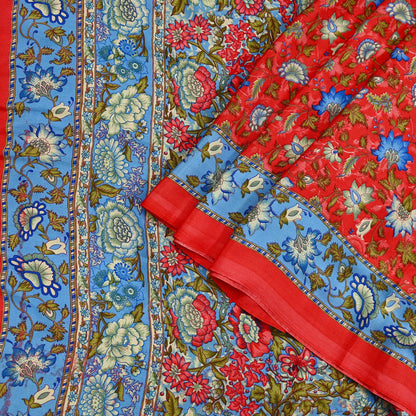 Indian Vintage Saree Peach & Blue Moss Crepe Printed Sari | 5 Yards | Floral Soft Fabric for Sewing, Dressmaking, Crafting, Quilting