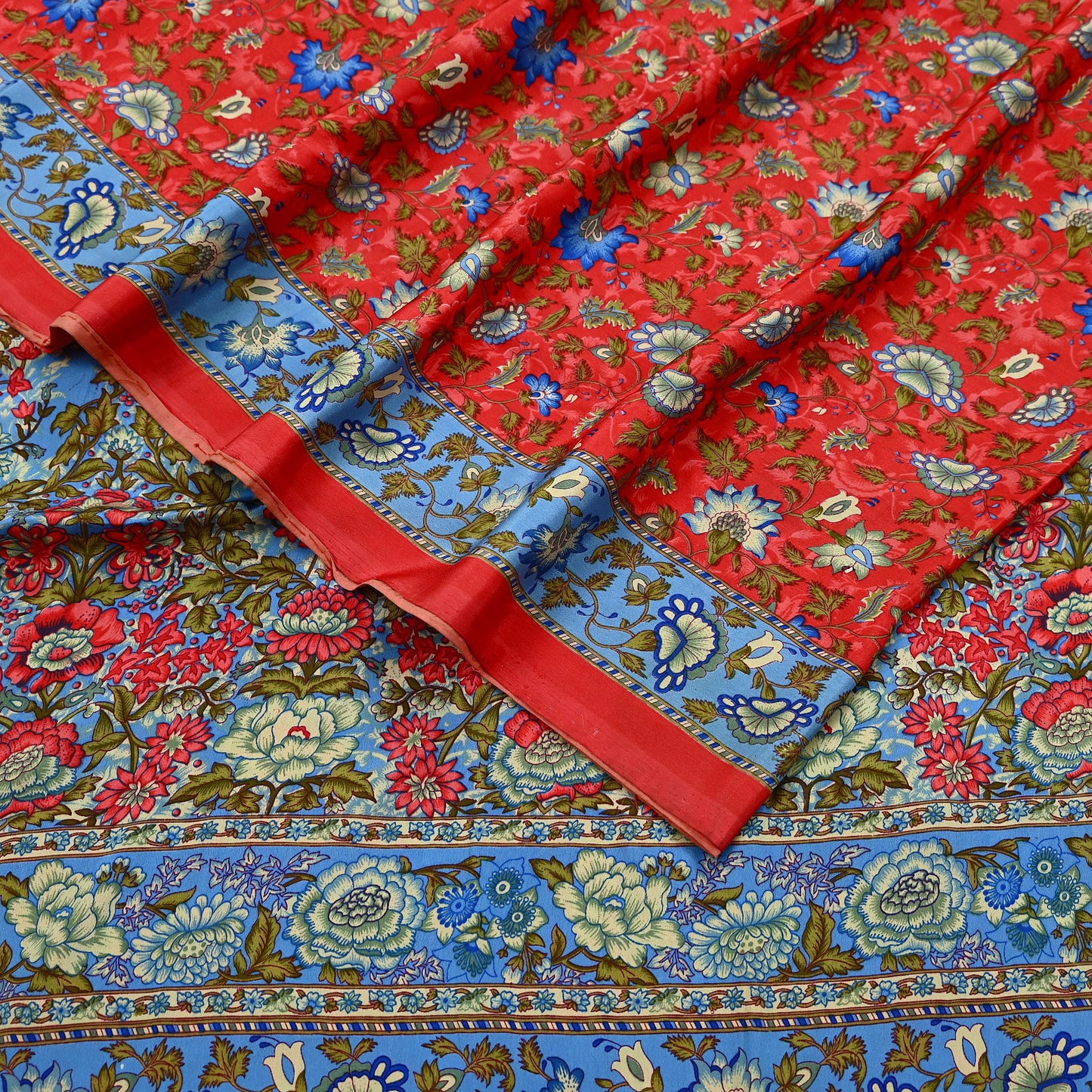 Indian Vintage Saree Peach & Blue Moss Crepe Printed Sari | 5 Yards | Floral Soft Fabric for Sewing, Dressmaking, Crafting, Quilting