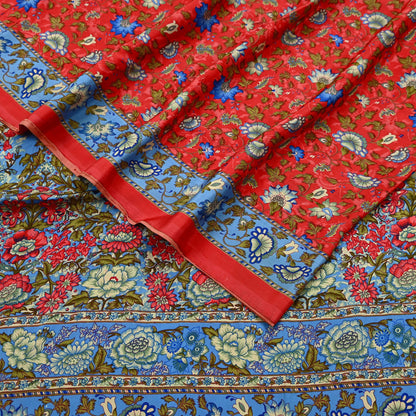 Indian Vintage Saree Peach & Blue Moss Crepe Printed Sari | 5 Yards | Floral Soft Fabric for Sewing, Dressmaking, Crafting, Quilting