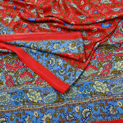 Indian Vintage Saree Peach & Blue Moss Crepe Printed Sari | 5 Yards | Floral Soft Fabric for Sewing, Dressmaking, Crafting, Quilting