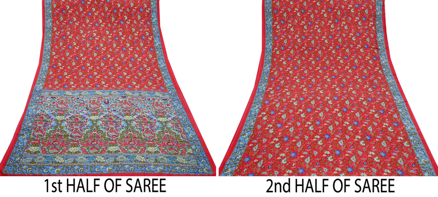 Indian Vintage Saree Peach & Blue Moss Crepe Printed Sari | 5 Yards | Floral Soft Fabric for Sewing, Dressmaking, Crafting, Quilting