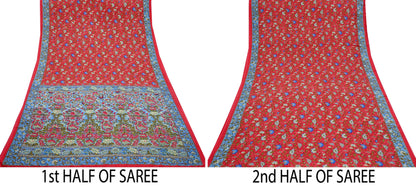 Indian Vintage Saree Peach & Blue Moss Crepe Printed Sari | 5 Yards | Floral Soft Fabric for Sewing, Dressmaking, Crafting, Quilting