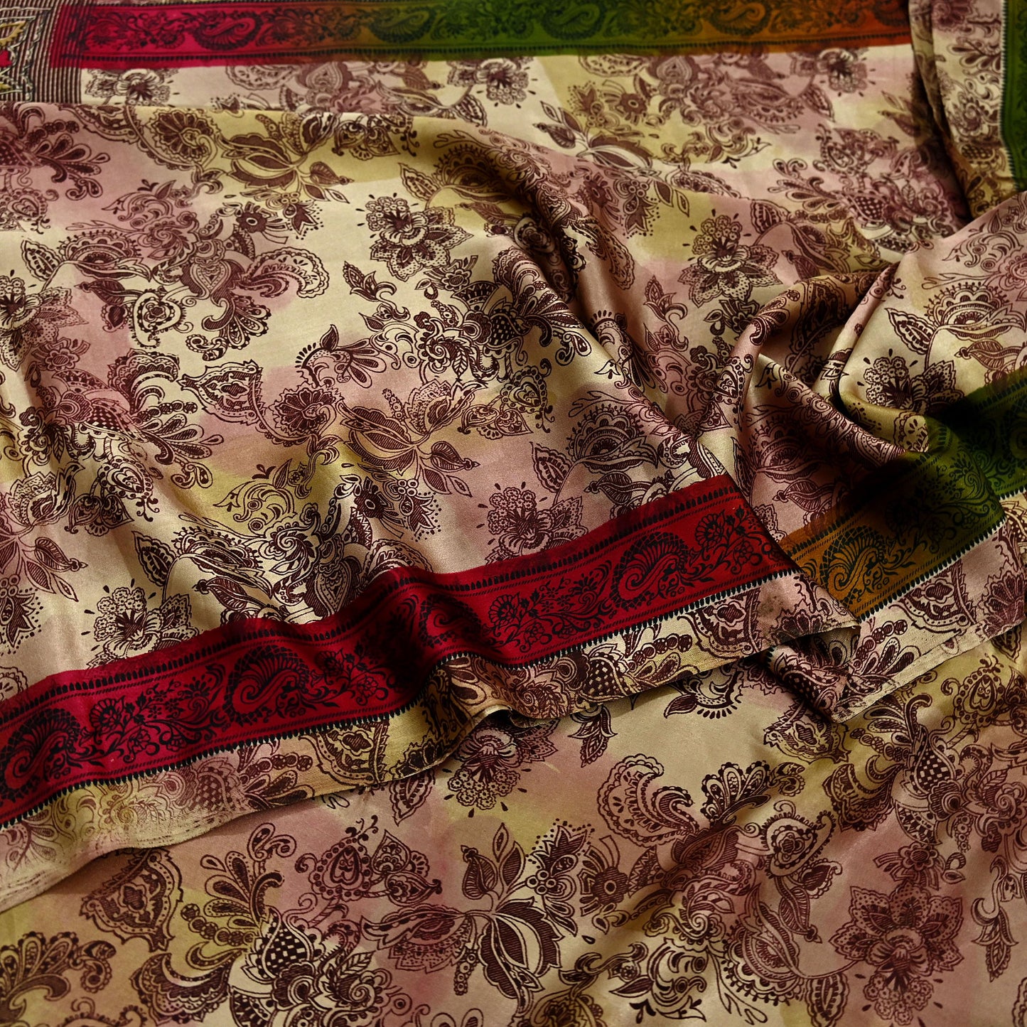 Indian Vintage Saree Green & Brown Satin Printed Sari 6yd Sewing Floral Soft Craft Fabric Dressmaking For Crafting Quilting Upcycle