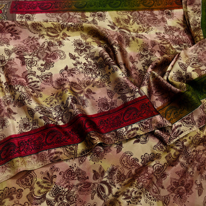 Indian Vintage Saree Green & Brown Satin Printed Sari 6yd Sewing Floral Soft Craft Fabric Dressmaking For Crafting Quilting Upcycle