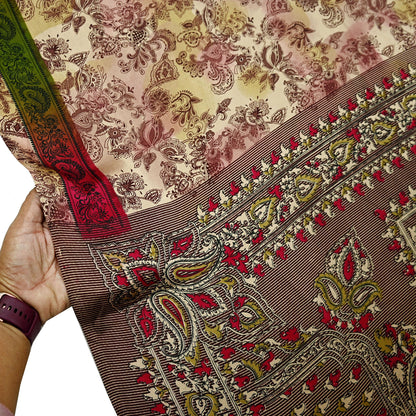 Indian Vintage Saree Green & Brown Satin Printed Sari 6yd Sewing Floral Soft Craft Fabric Dressmaking For Crafting Quilting Upcycle