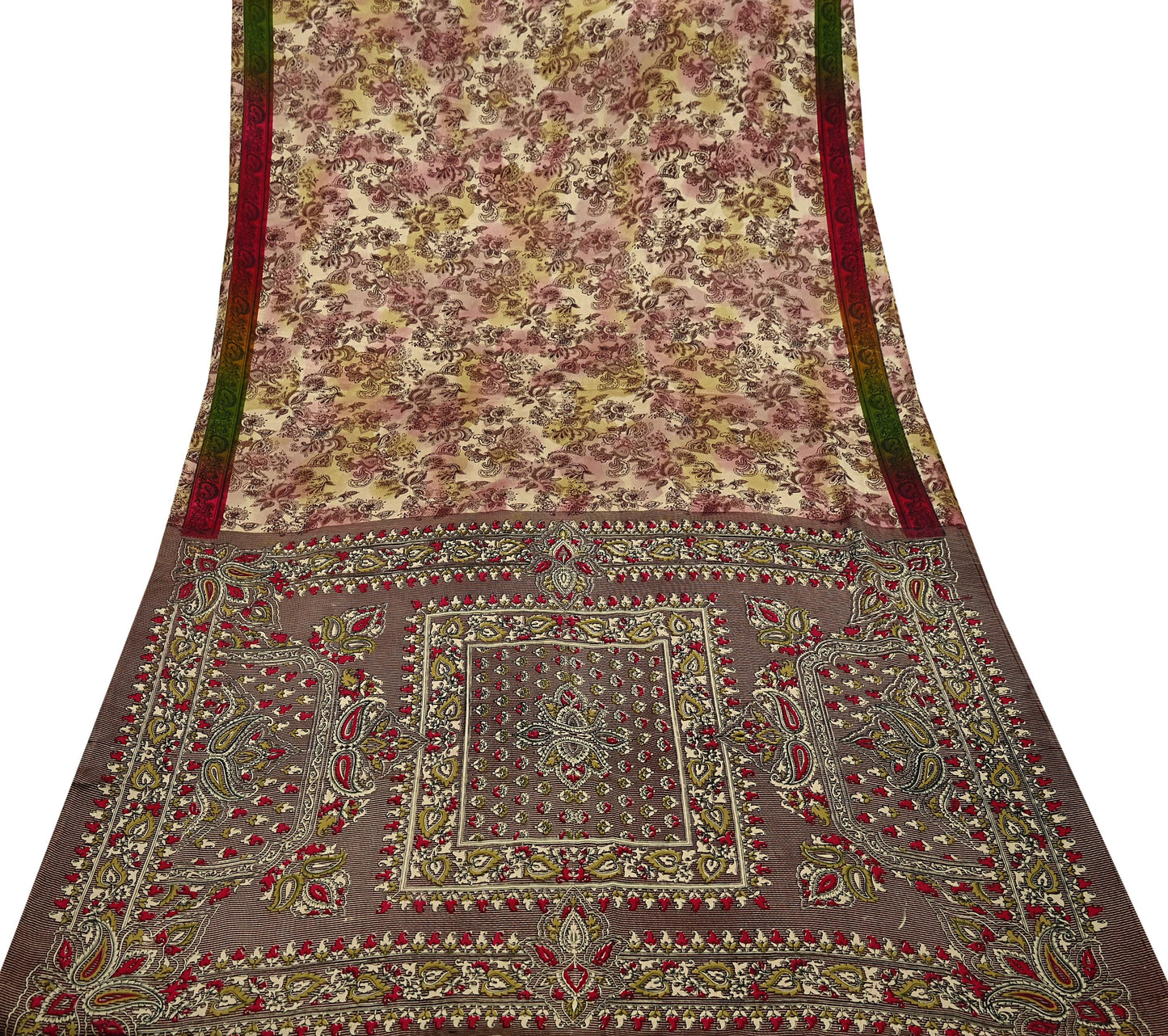 Indian Vintage Saree Green & Brown Satin Printed Sari 6yd Sewing Floral Soft Craft Fabric Dressmaking For Crafting Quilting Upcycle