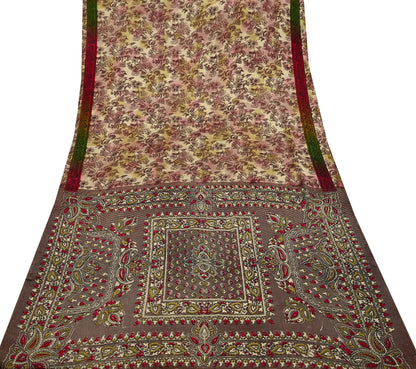 Indian Vintage Saree Green & Brown Satin Printed Sari 6yd Sewing Floral Soft Craft Fabric Dressmaking For Crafting Quilting Upcycle