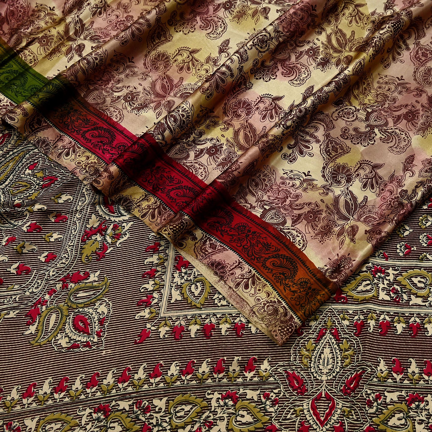 Indian Vintage Saree Green & Brown Satin Printed Sari 6yd Sewing Floral Soft Craft Fabric Dressmaking For Crafting Quilting Upcycle