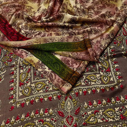 Indian Vintage Saree Green & Brown Satin Printed Sari 6yd Sewing Floral Soft Craft Fabric Dressmaking For Crafting Quilting Upcycle