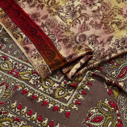 Indian Vintage Saree Green & Brown Satin Printed Sari 6yd Sewing Floral Soft Craft Fabric Dressmaking For Crafting Quilting Upcycle