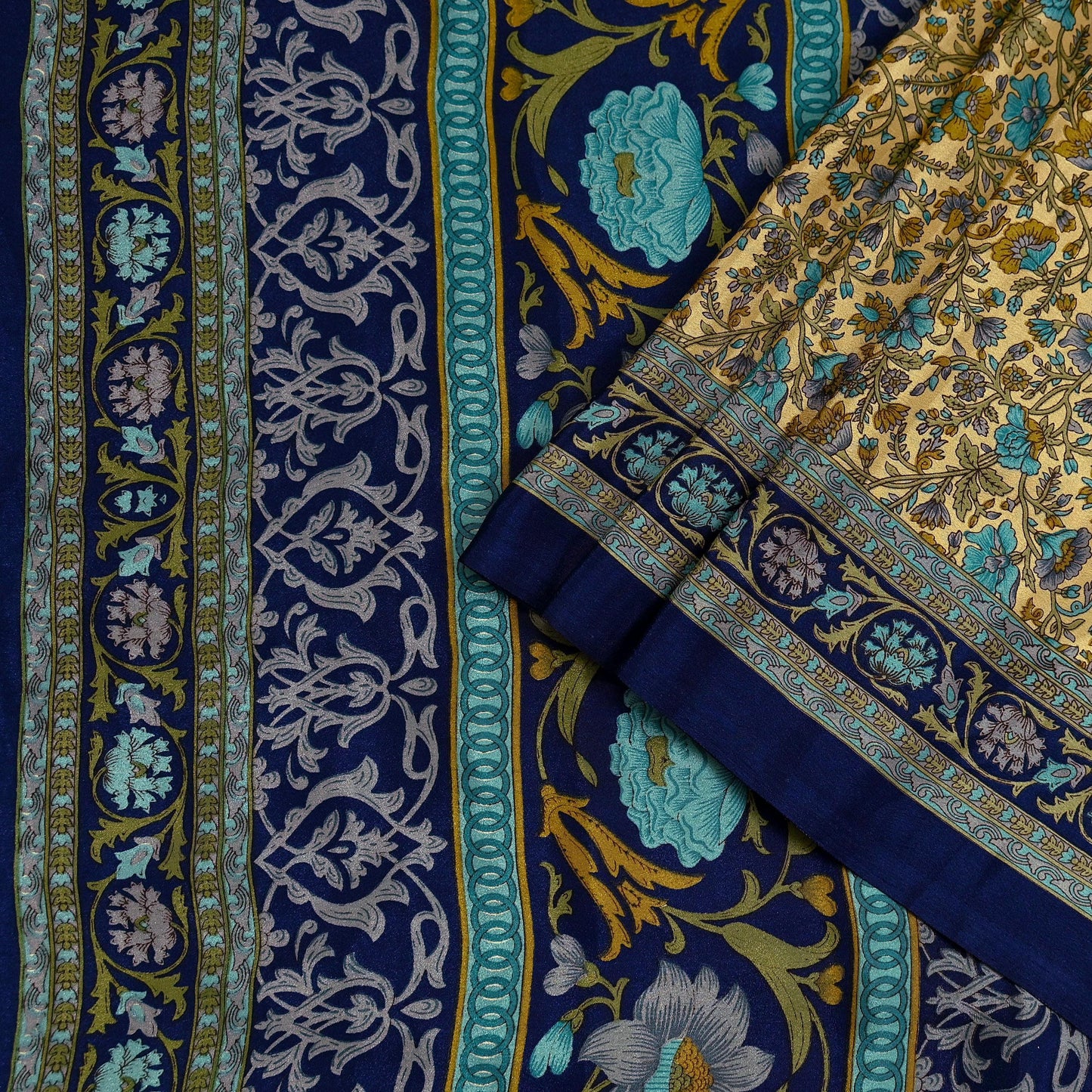 Indian Vintage Moss Crepe Saree | Printed Floral Sari Fabric | 6 Yards | Soft Craft Fabric for Sewing, Dressmaking, Quilting,Upcycling