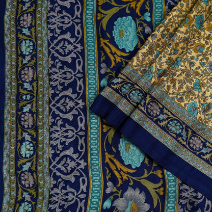 Indian Vintage Moss Crepe Saree | Printed Floral Sari Fabric | 6 Yards | Soft Craft Fabric for Sewing, Dressmaking, Quilting,Upcycling