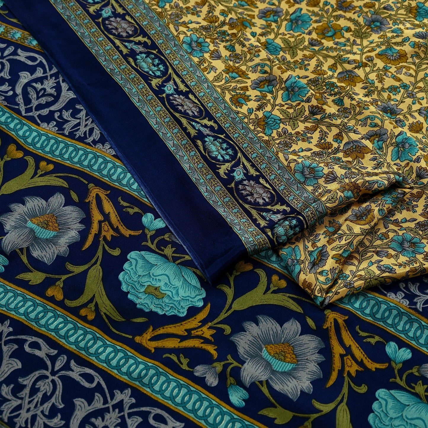 Indian Vintage Moss Crepe Saree | Printed Floral Sari Fabric | 6 Yards | Soft Craft Fabric for Sewing, Dressmaking, Quilting,Upcycling