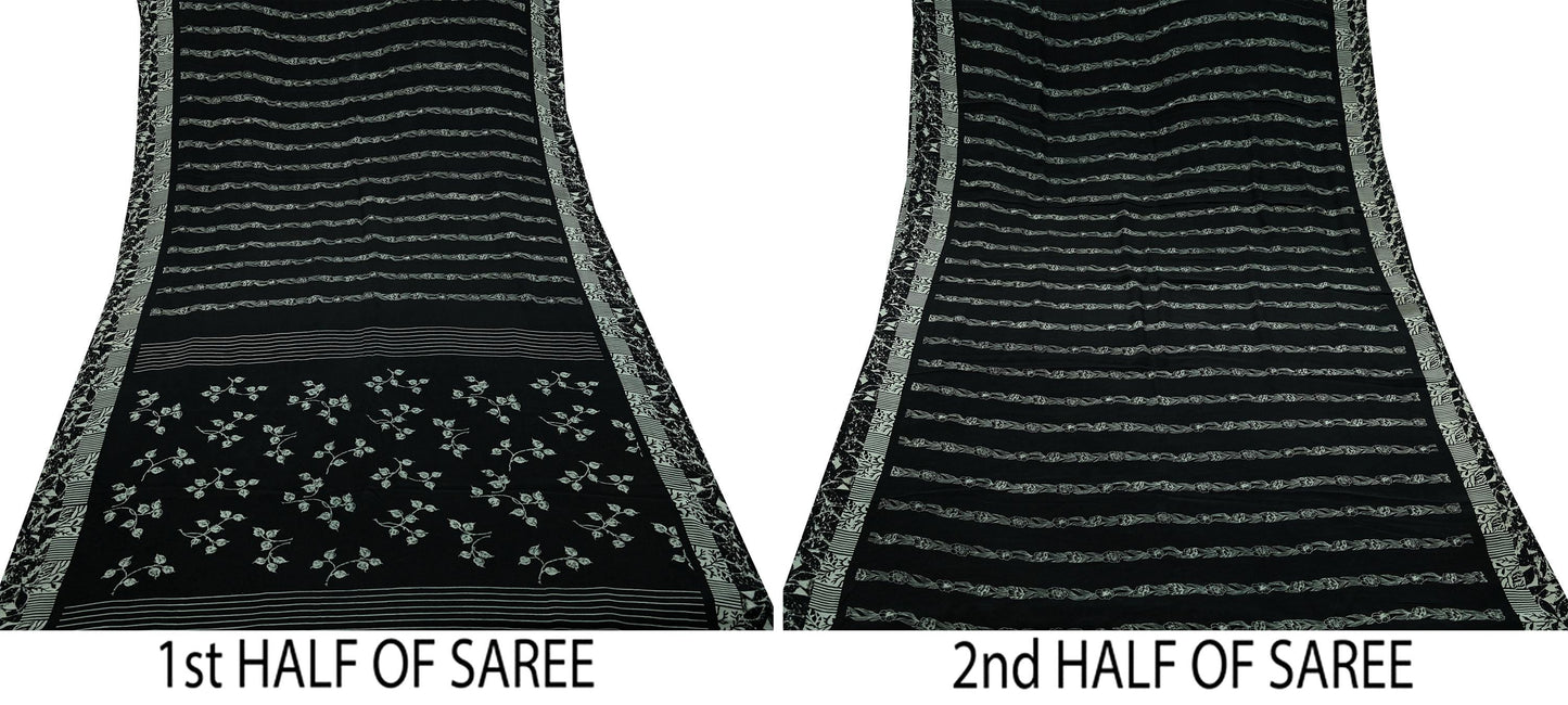 Two halves of a pure crepe silk saree with white floral prints on a black background.