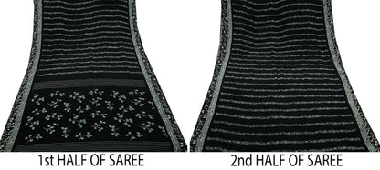 Two halves of a pure crepe silk saree with white floral prints on a black background.