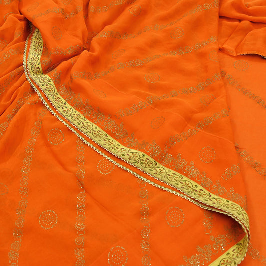 Indian Vintage Orange Pure Georgette Silk Saree | Hand Painted Floral Design | 6 Yards | Sheer Soft Fabric for Sewing, Dressmaking,