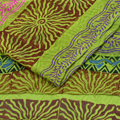 Indian Vintage Green Pure Georgette Silk Sari | 5 Yards Block Printed Floral Fabric | Sewing, Quilting, Dressmaking & Upcycle Crafts