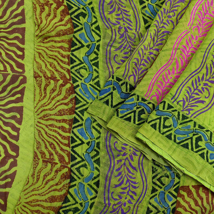 Indian Vintage Green Pure Georgette Silk Sari | 5 Yards Block Printed Floral Fabric | Sewing, Quilting, Dressmaking & Upcycle Crafts