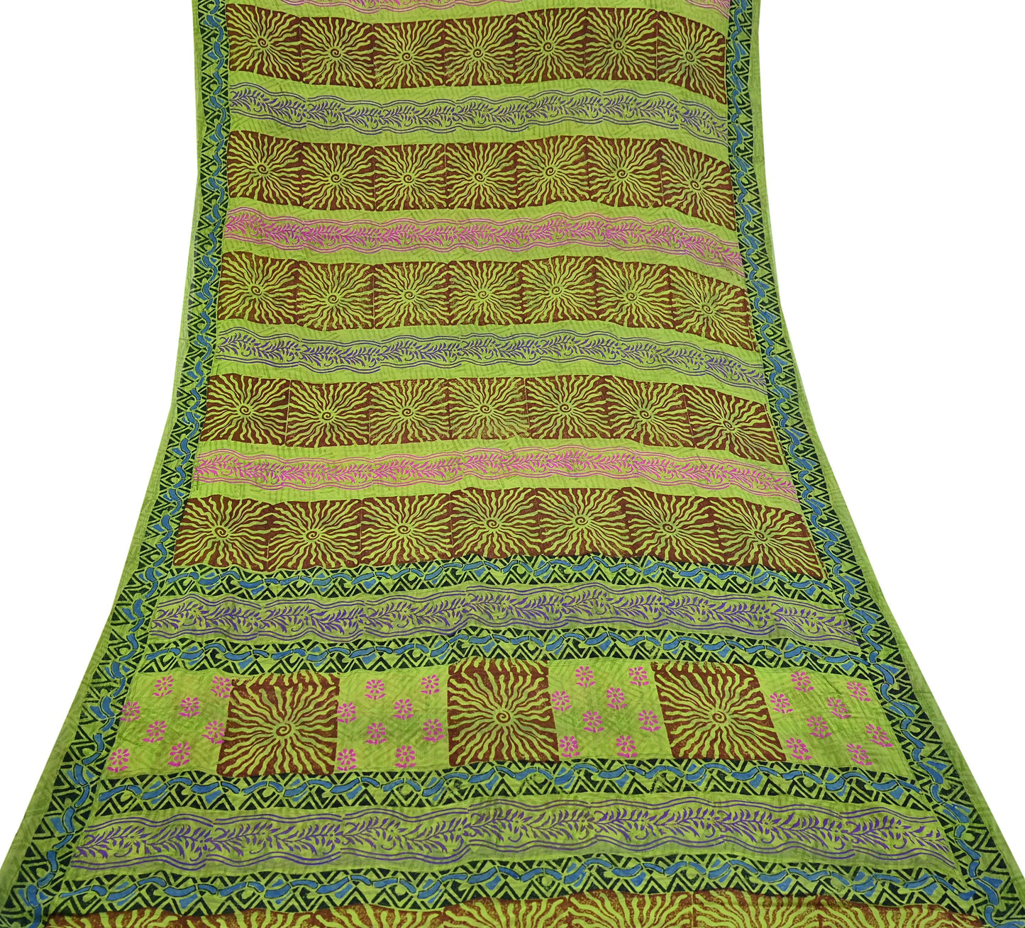 Indian Vintage Green Pure Georgette Silk Sari | 5 Yards Block Printed Floral Fabric | Sewing, Quilting, Dressmaking & Upcycle Crafts