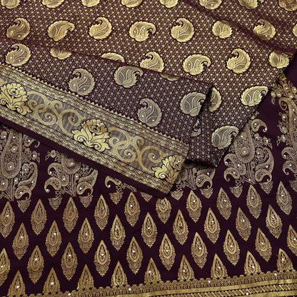 Indian Vintage Kanjivaram Saree | Heavy Hand Woven Pure Silk | Purple Bridal Fabric | 5 Yards Dress Making Bollywood Sarees