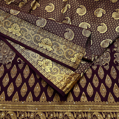 Indian Vintage Kanjivaram Saree | Heavy Hand Woven Pure Silk | Purple Bridal Fabric | 5 Yards Dress Making Bollywood Sarees