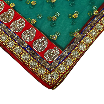 Indian Vintage Heavy Bridal Green Net Dupatta | Hand Embroidered Zardozi Zari Sequins Stole | Floral Design Hijab Veil | Wedding/Party Wear