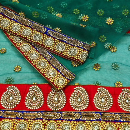 Indian Vintage Heavy Bridal Green Net Dupatta | Hand Embroidered Zardozi Zari Sequins Stole | Floral Design Hijab Veil | Wedding/Party Wear