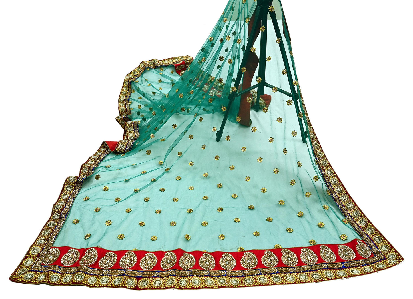 Indian Vintage Heavy Bridal Green Net Dupatta | Hand Embroidered Zardozi Zari Sequins Stole | Floral Design Hijab Veil | Wedding/Party Wear